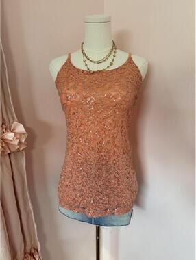 Y2K Vanity Essentials Peach Sequin Lace Cami Tank Top | Coral Layering Top